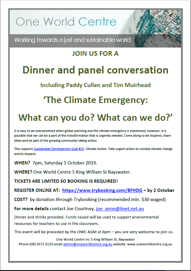 Climate Emergency – “What can we do?” – Dinner and Panel Discussion